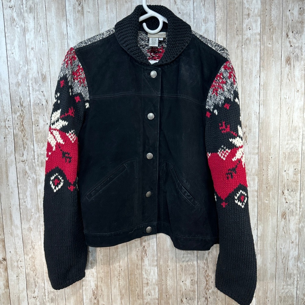 Coldwater Creek Womens Black Suede Knit Fair‎ Isle Snowflake Sweater Jacket L
